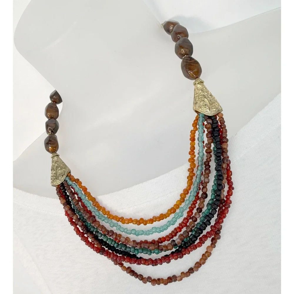 Boho Multi Strand Seed Bead Bib Necklace Earth Tone Marbled Resin Chic 103-156